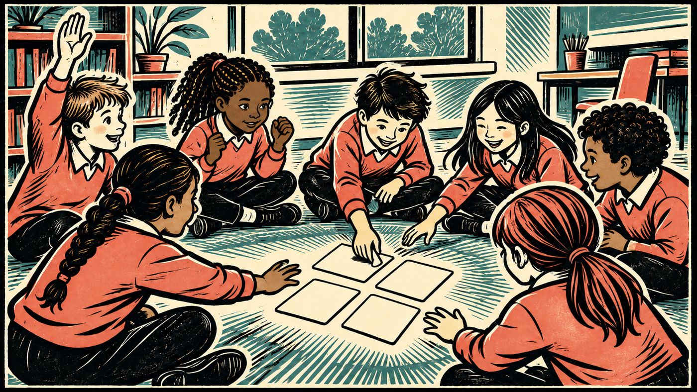 Linocut illustration: primary school children sit cross-legged around four cards on the classroom floor, one placing a card while another raises a hand.