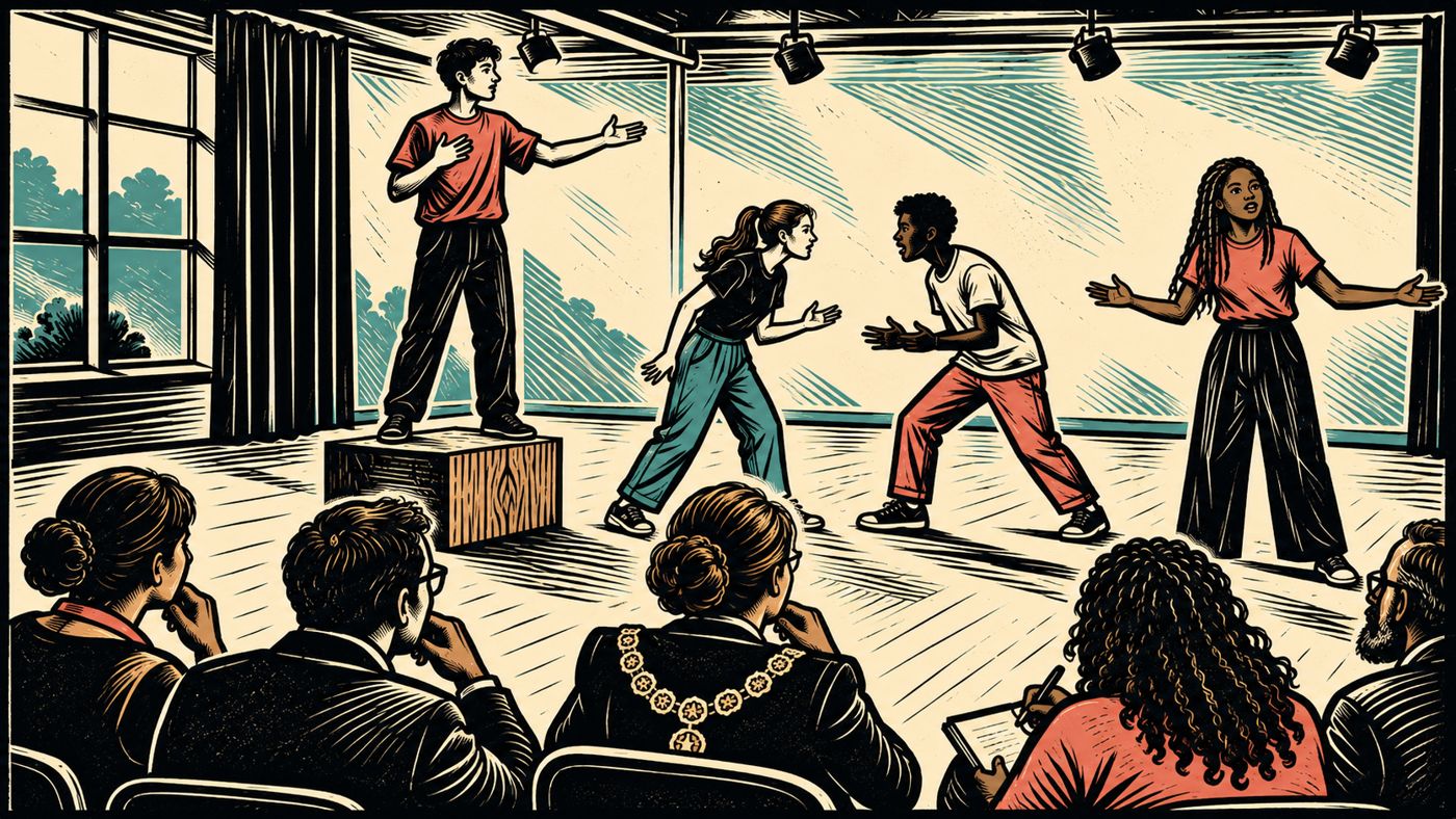 Linocut illustration: four teenage students perform a scene in a drama studio, one standing on a wooden block, watched by a seated audience of adults including one wearing a mayoral chain.