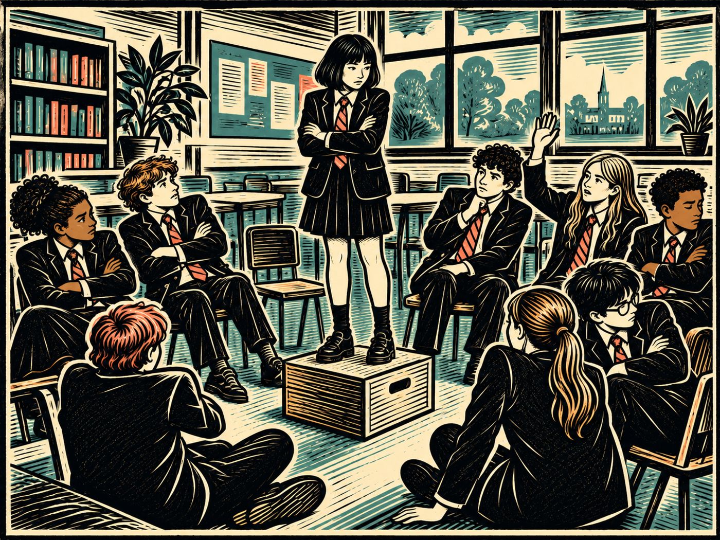 Linocut illustration: in a classroom, a girl stands on a wooden box in the middle of a circle of students, arms folded, while the others lean back with their arms crossed.